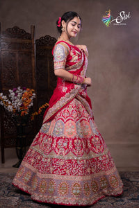 Banaras Red Floral Embroidered Half Saree with Stone Work
