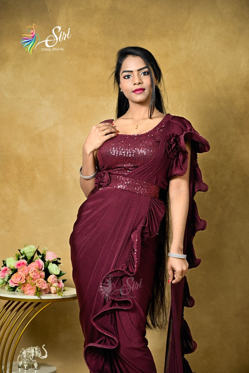 Maroon Silver Lycra One Minute Saree – Mehak Boutique