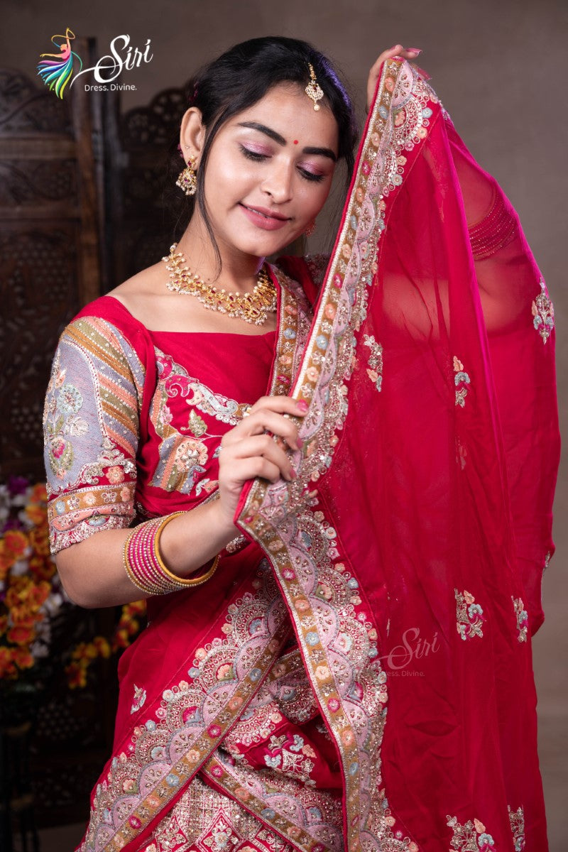 Banaras Red Floral Embroidered Half Saree with Stone Work