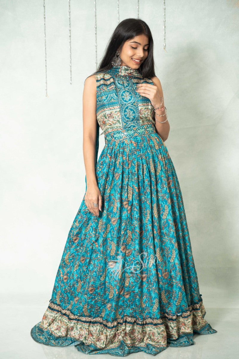 Satin Floral Print Blue Chudidar Kalis