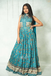 Satin Floral Print Blue Chudidar Kalis