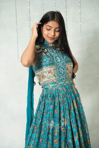 Satin Floral Print Blue Chudidar Kalis