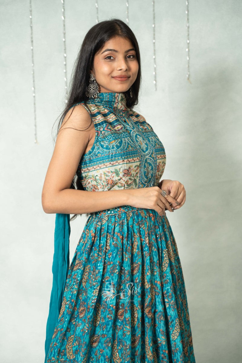 Satin Floral Print Blue Chudidar Kalis