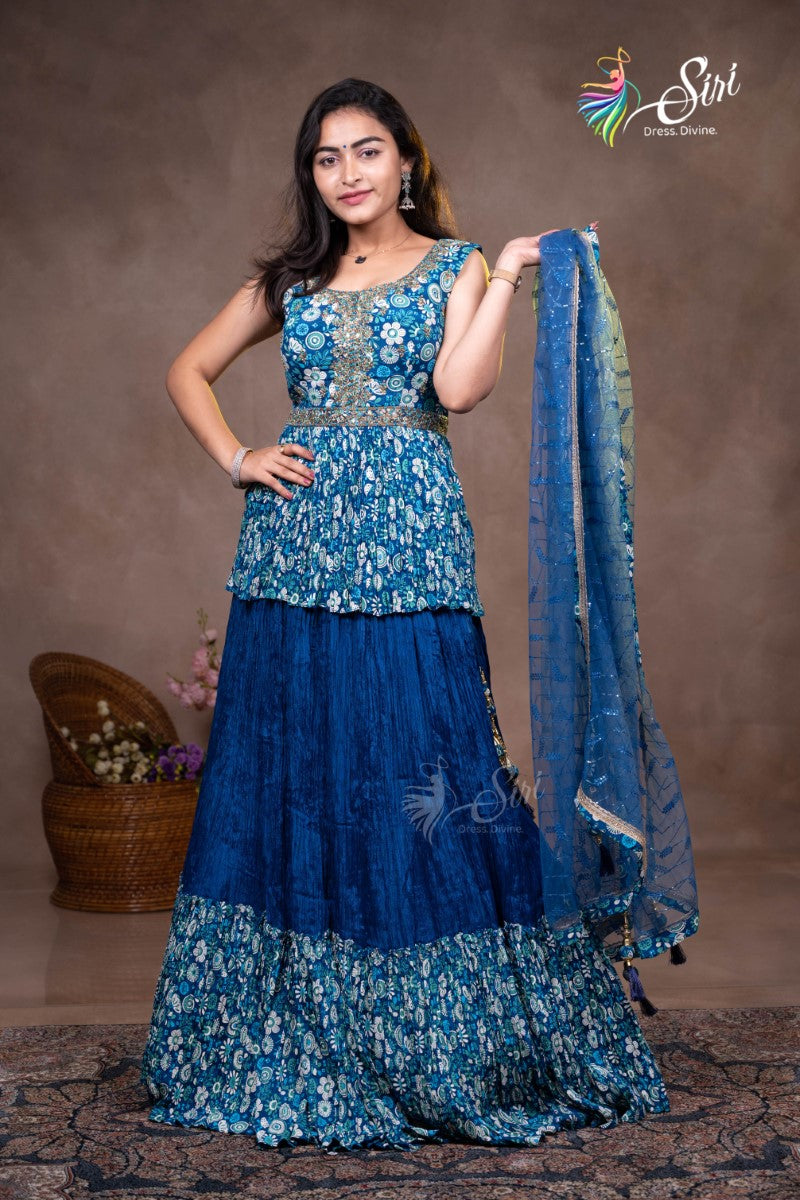 Georgette Blue Floral Print Crop Top Set