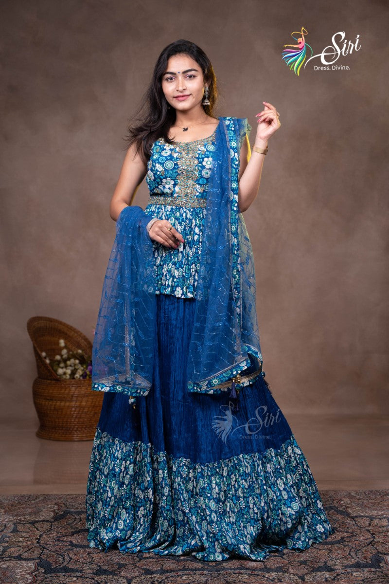 Georgette Blue Floral Print Crop Top Set