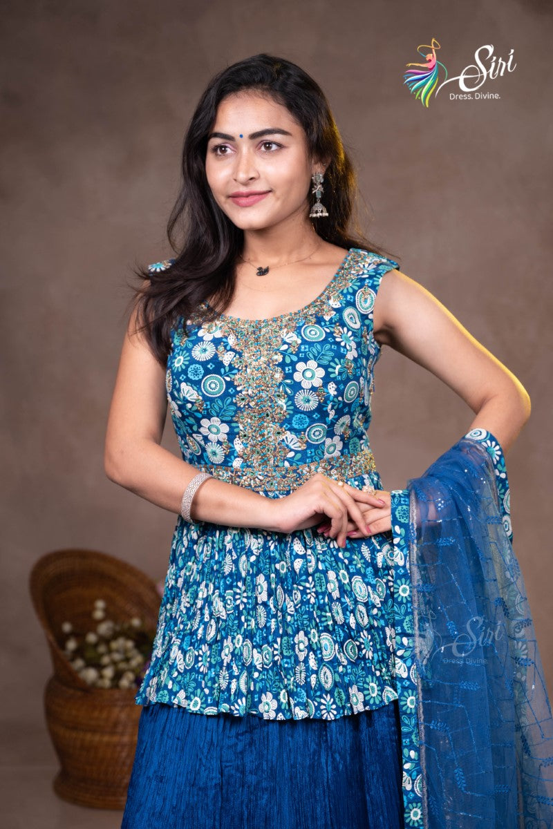 Georgette Blue Floral Print Crop Top Set