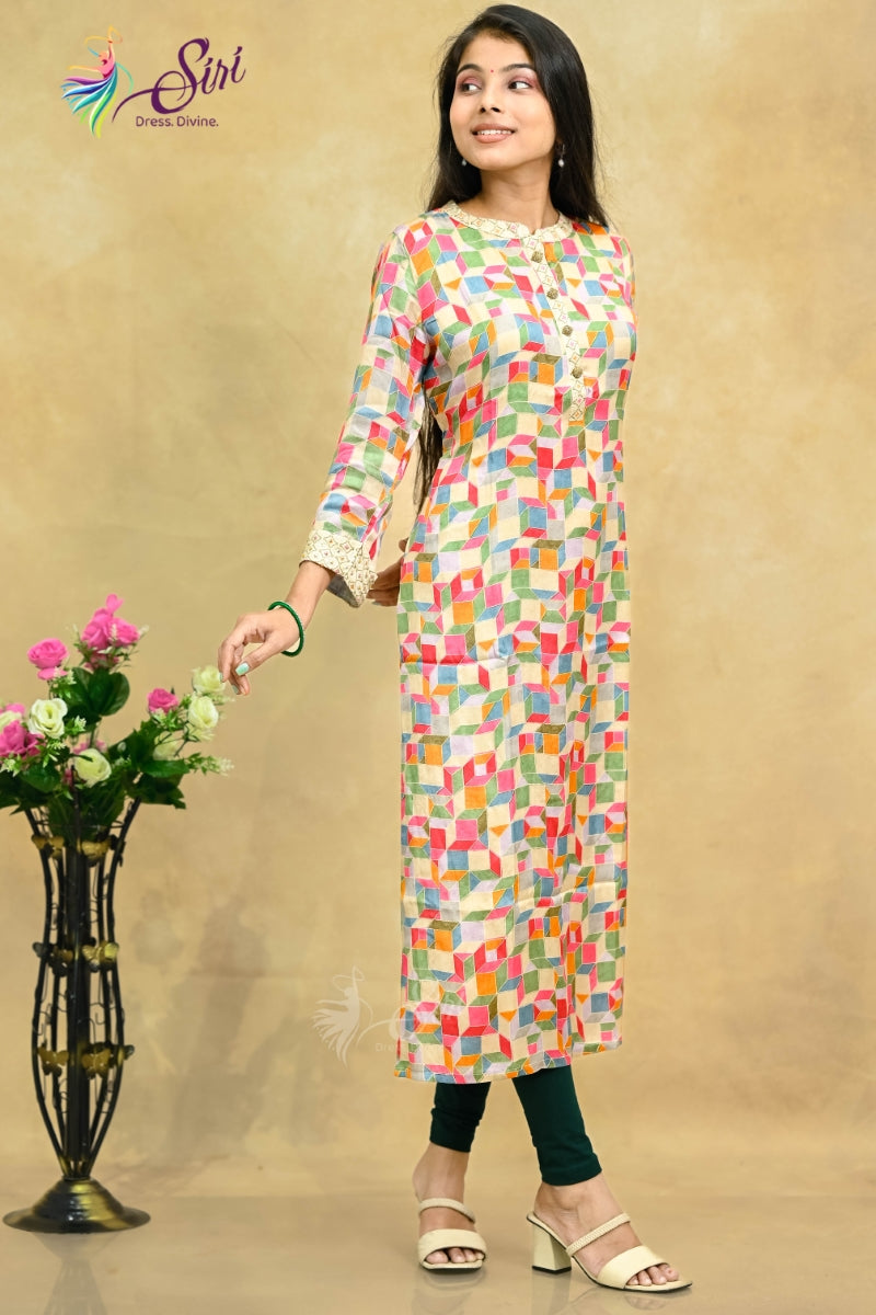 Multicolor Rayon Straight Cut Kurti