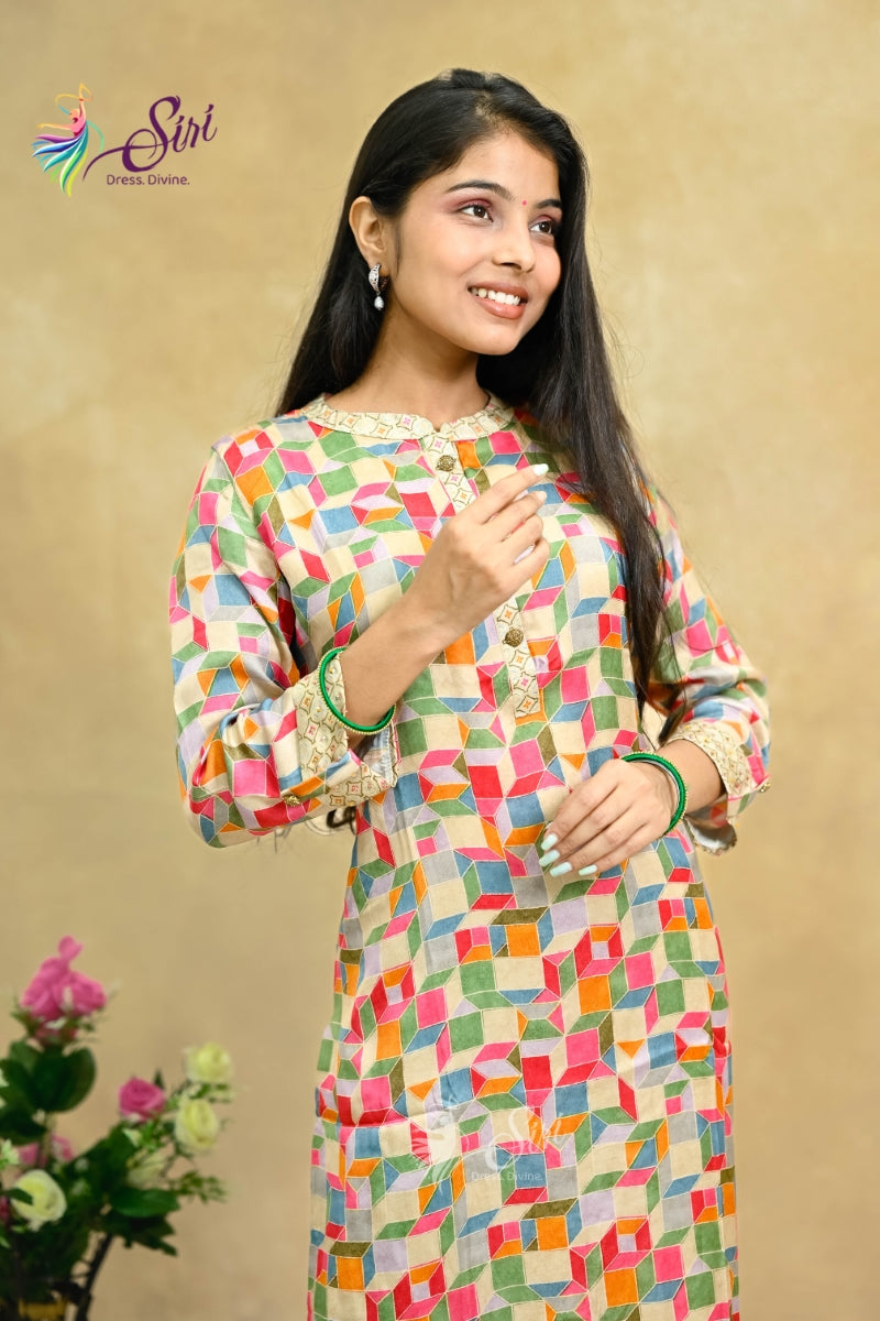 Multicolor Rayon Straight Cut Kurti
