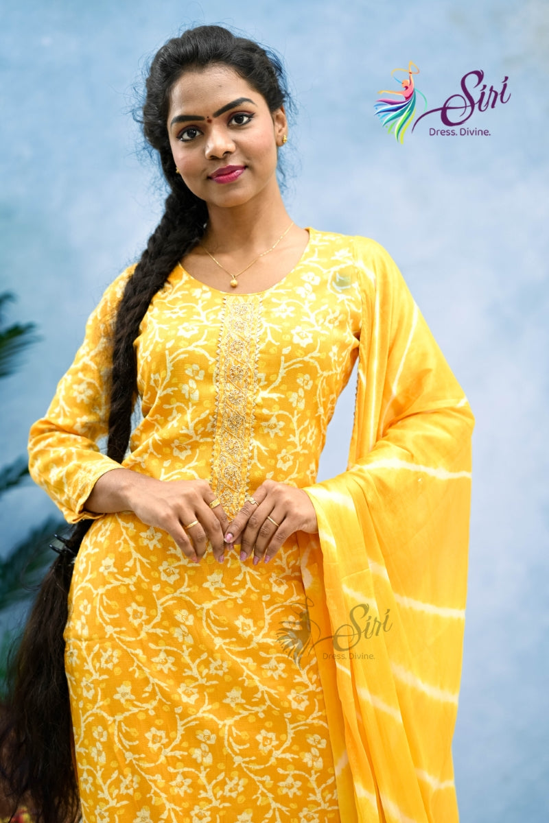 Yellow Color Cotton 3 Pcs Salwar Set for Women