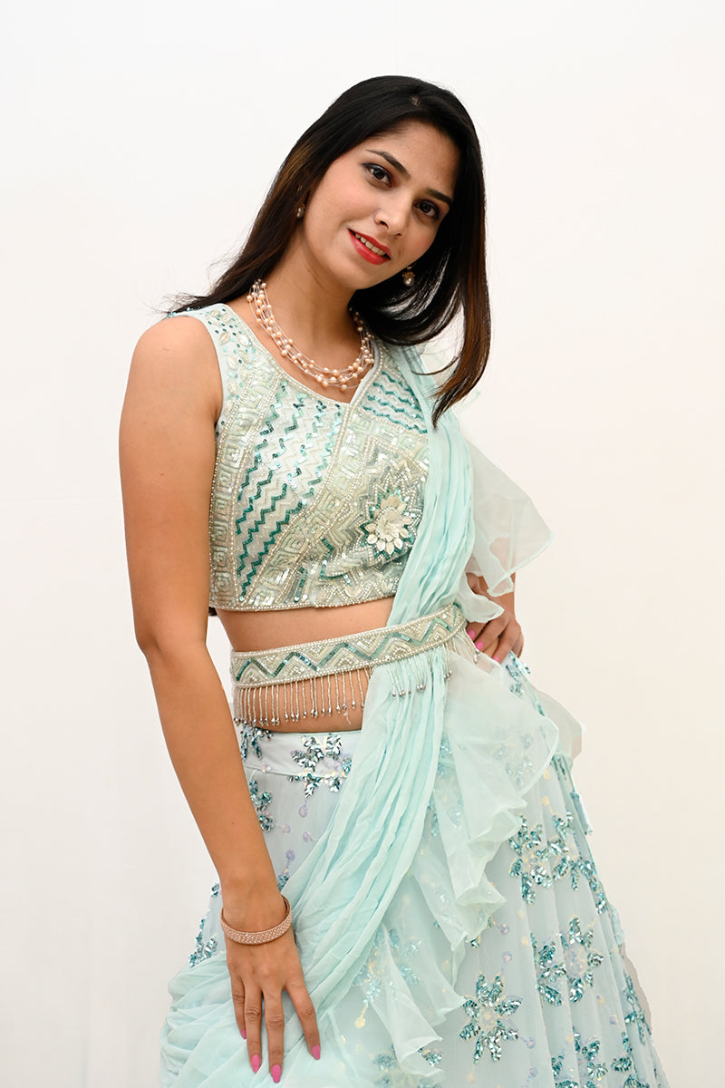 Georgette Moti Work Pista Green Lehenga Set