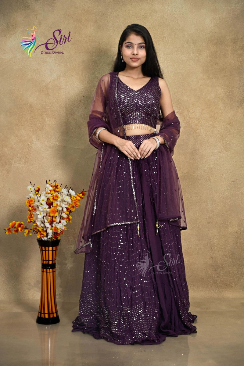 Purple Georgette Crop Top Set