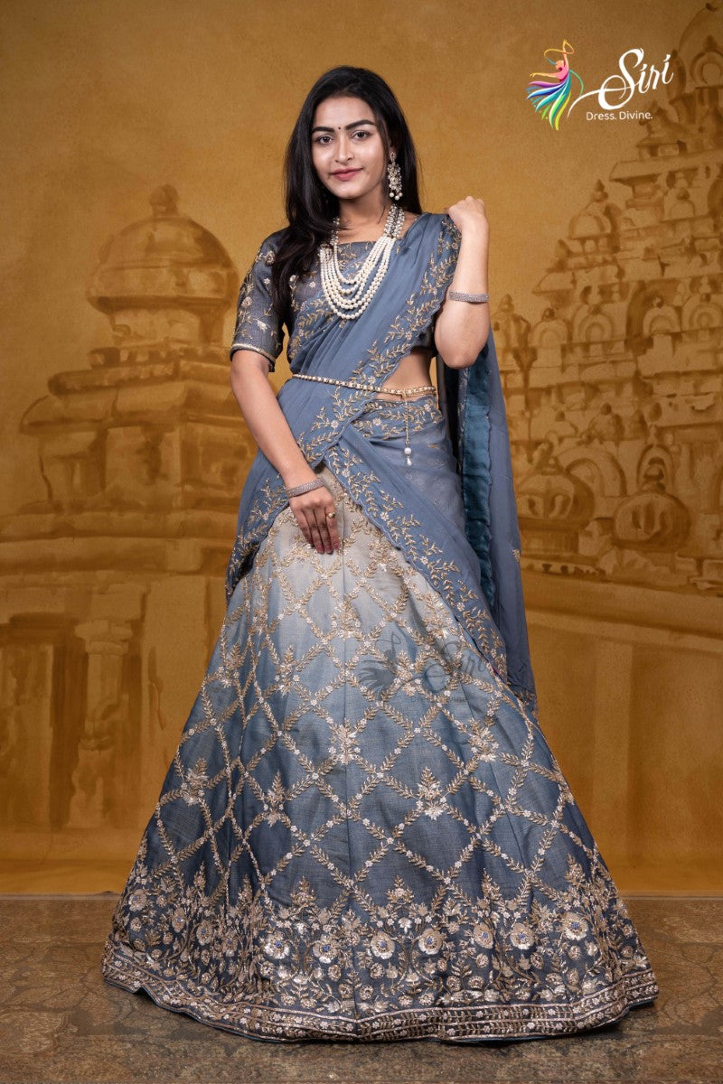 Shivali Sky Blue Kanchipuram Half Saree – Zariknyaa