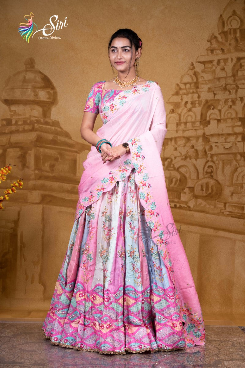 Satin Blend Floral Print Half Saree
