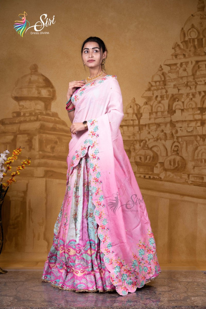Satin Blend Floral Print Half Saree