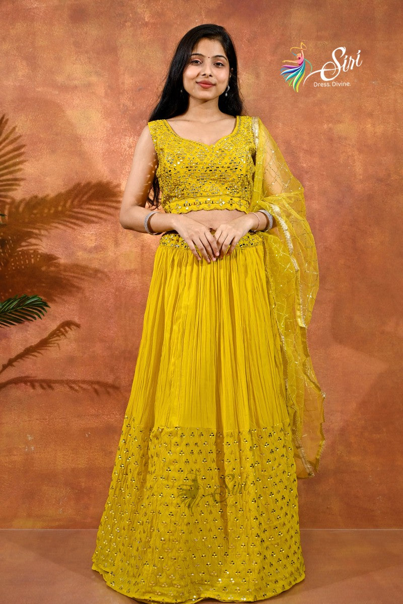 Georgette Mustard Yellow Crop Top Set