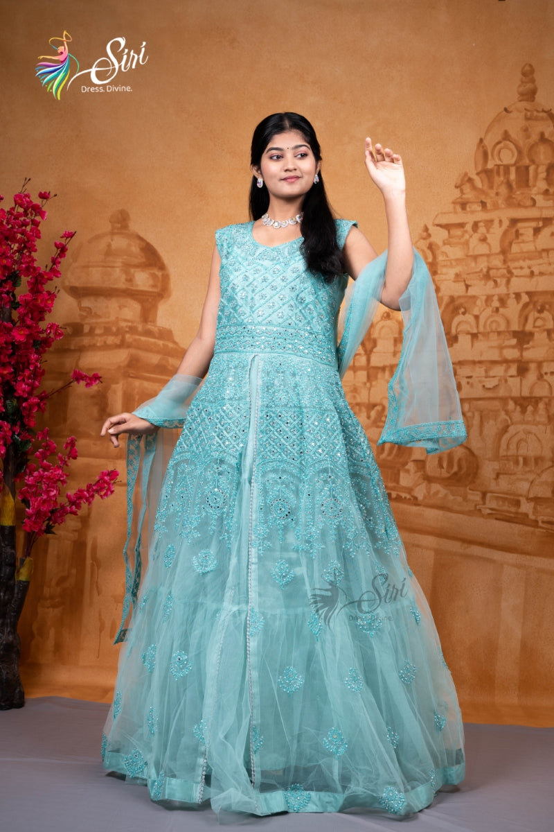 Sky Blue Netted Chudidar Kalis with Stone Work