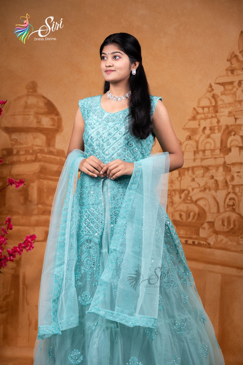 Sky Blue Netted Chudidar Kalis with Stone Work
