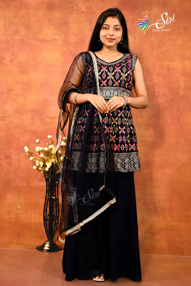 Black Georgette Floral Work Partywear Palazzo Set