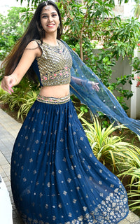 Blue Georgette Thread Work Lehenga Set