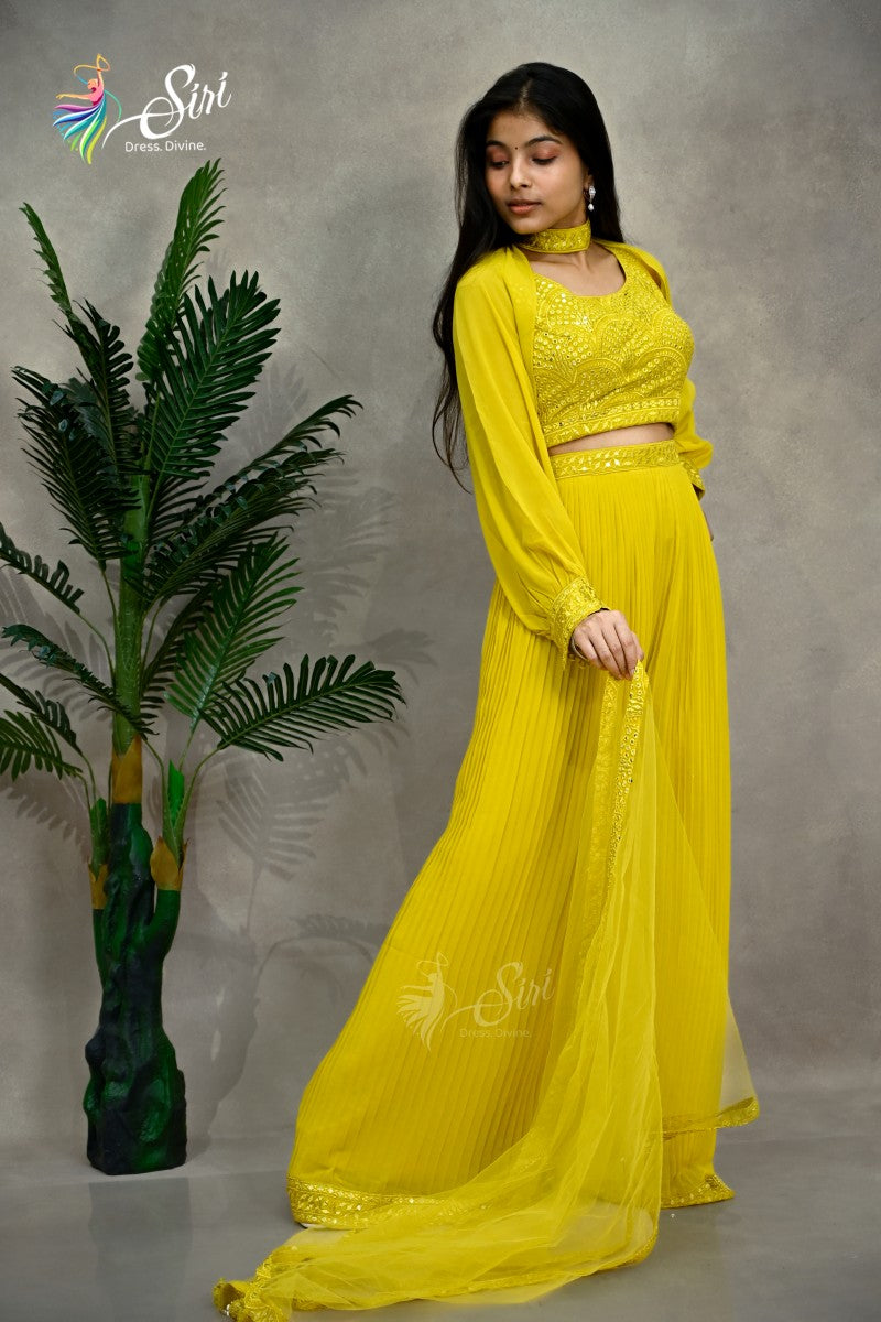 Crushed Georgette Yellow Partywear Palazzo Set