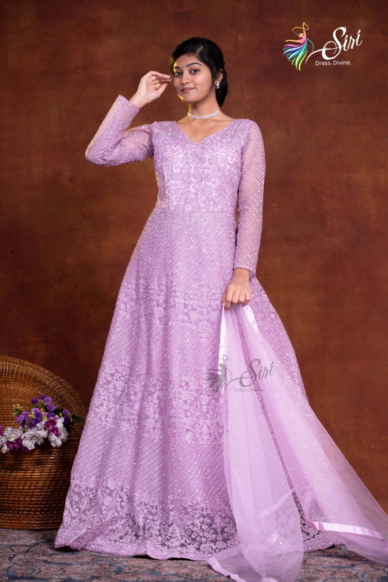 Blus Pink Color Floral Thread And  Stone Work Neted Chudidar Kalis