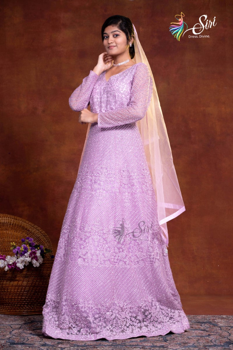 Blus Pink Color Floral Thread And  Stone Work Neted Chudidar Kalis