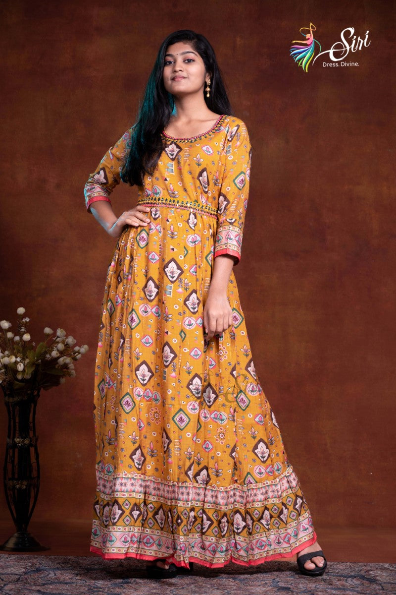 Rayon Fabric Mustered Yellow Floral Print And Thread Work Kurti