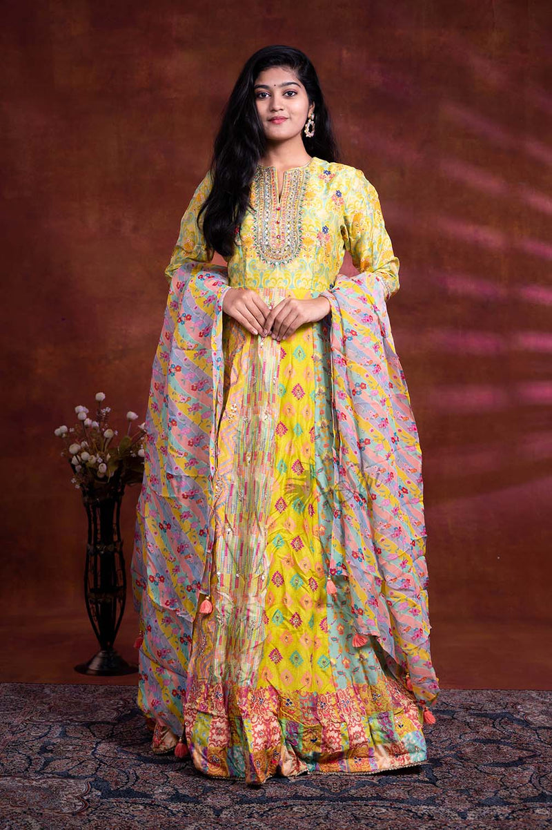 Multi Colors Bandhani Print And Floral Thread Work Satin Blend Chudidar Kalis
