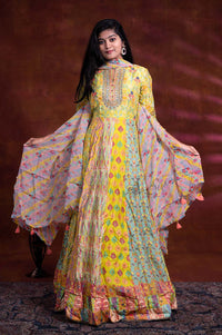 Multi Colors Bandhani Print And Floral Thread Work Satin Blend Chudidar Kalis