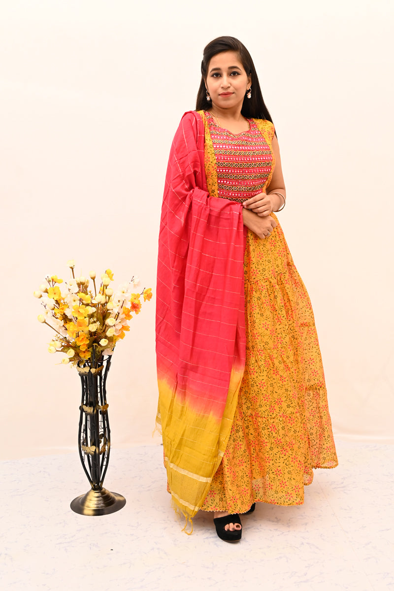 Yellow Chanderi Printed Anarkali Chudidar