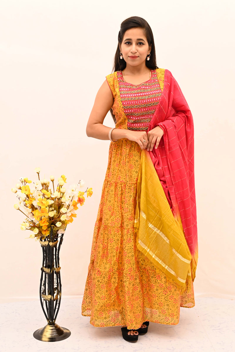 Yellow Chanderi Printed Anarkali Chudidar