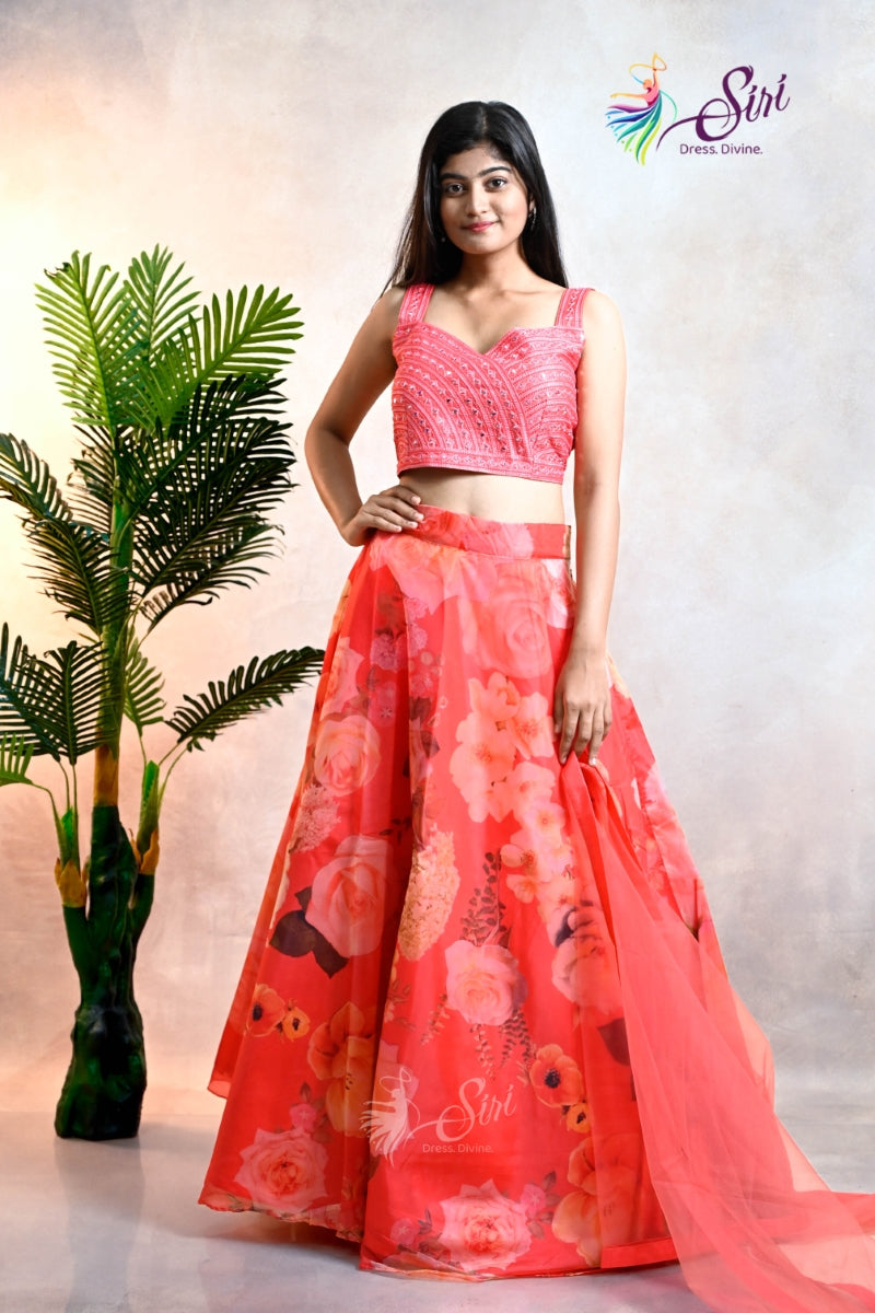 Coral Red Organza Crop Top Set