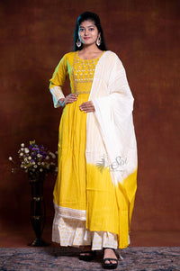Georgette Floral Thread And Stone Work Yellow And White Color 3 Pcs Bottom Dupatta Set