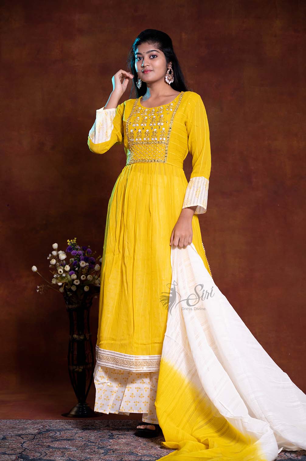 Georgette Floral Thread And Stone Work Yellow And White Color 3 Pcs Bottom Dupatta Set