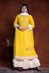 Georgette Floral Thread And Stone Work Yellow And White Color 3 Pcs Bottom Dupatta Set
