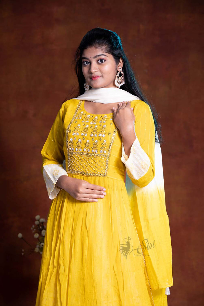 Georgette Floral Thread And Stone Work Yellow And White Color 3 Pcs Bottom Dupatta Set