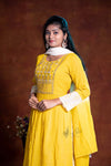 Georgette Floral Thread And Stone Work Yellow And White Color 3 Pcs Bottom Dupatta Set