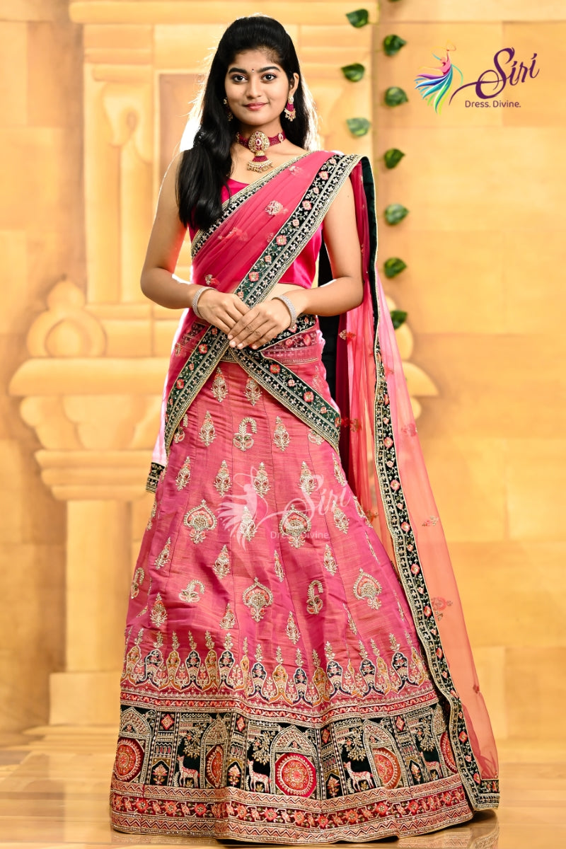 Raw Silk Floral Work Half Saree