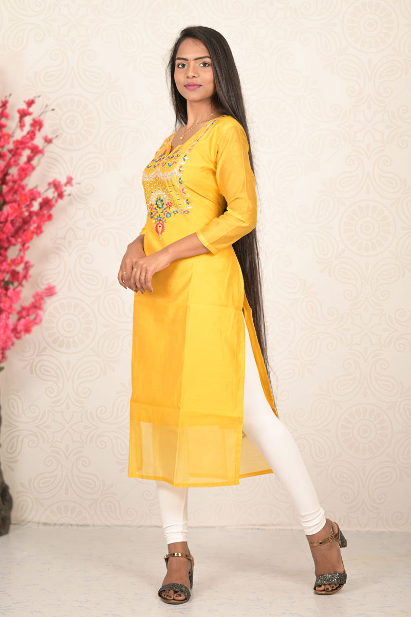 Chandheri Yellow Thread Work Straight Cut Kurti