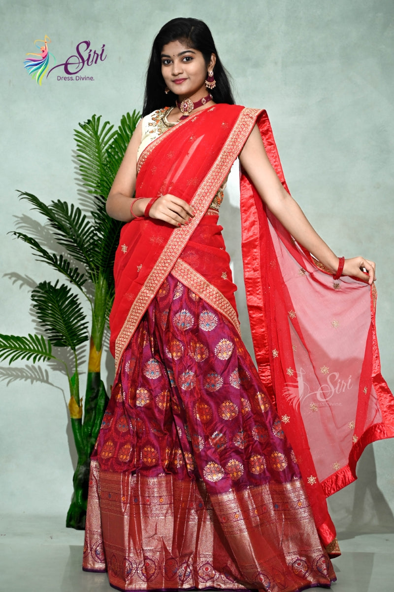 Banarasi Half Saree with Floral Gold Zari Work