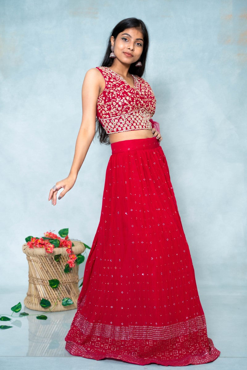Georgette Red Colour Crop Top Set