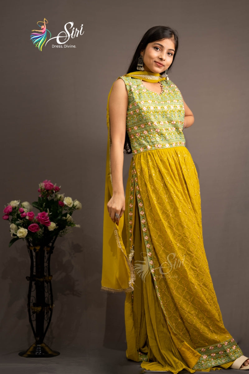 Georgette Yellow Color Partywear Palazzo Set