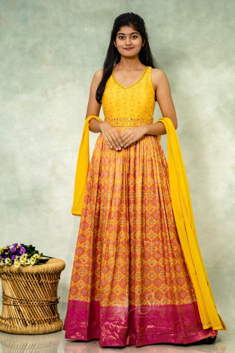 Raw Silk Floral Print Chudidar Kali