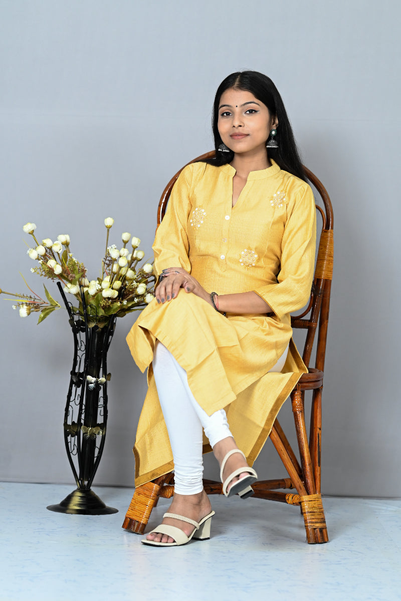 Yellow Colour Straight Cut Kurti