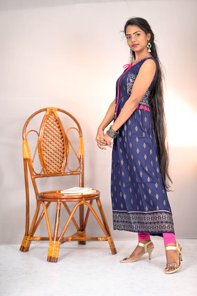 Blue Chanderi Thread Work Kurti