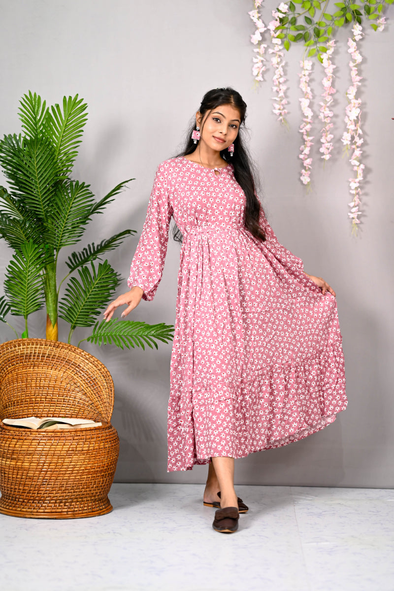 Rayon Baby Pink Printed Kurti