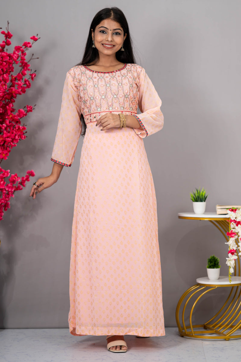 Peach Colour Thread Work Long Kurti