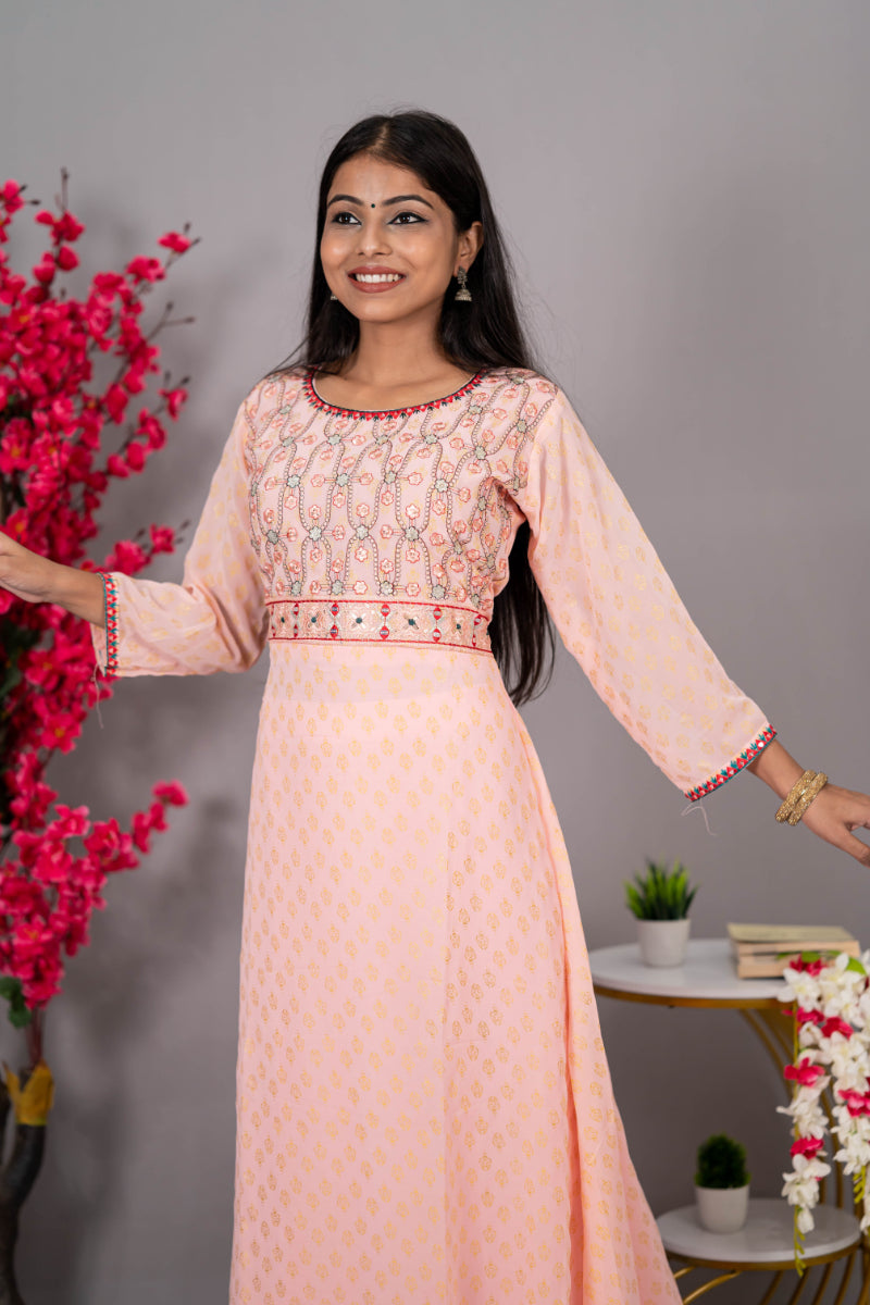 Peach Colour Thread Work Long Kurti